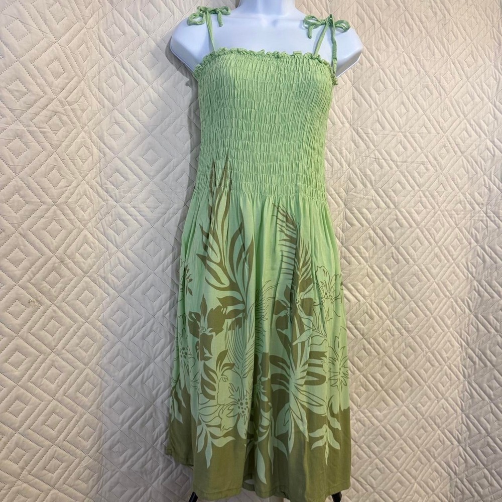 Hibiscus Collection Hawaii Womens OS Midi Dress Green Floral Smocked Tie Strap